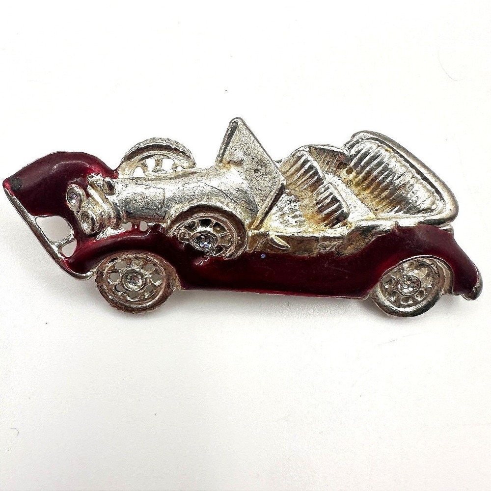 Vintage 80s Silver Tone Red Enamel‎ Clear Glass Antique Race Car Brooch Pin